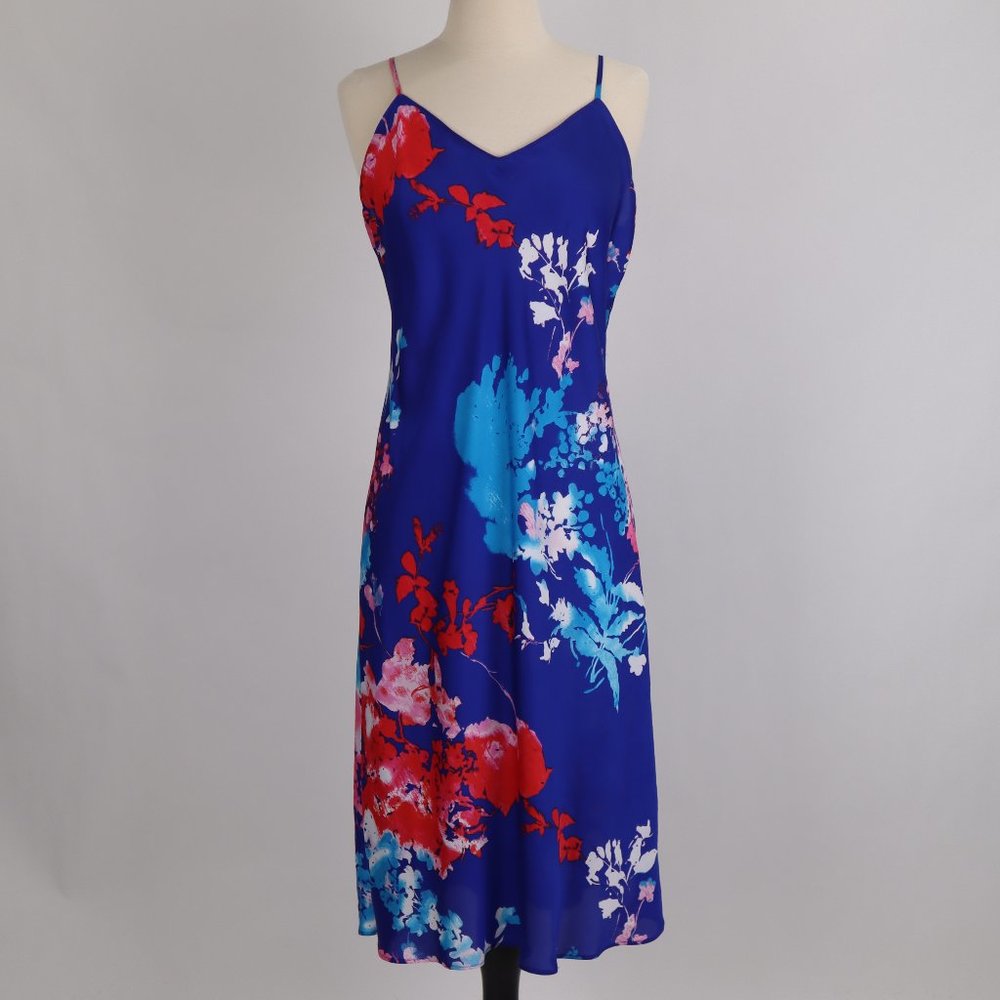 🌺 Natori Blue Red Tropical Floral Nightgown Chemise Slip Dress Negligee Asian M